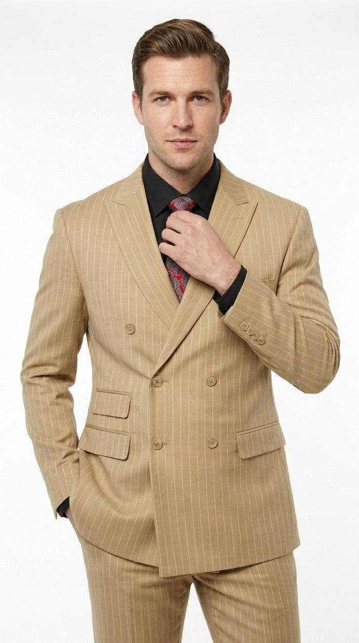 Mens Double Breasted Gangster Bold Pinstripe Suit in Camel