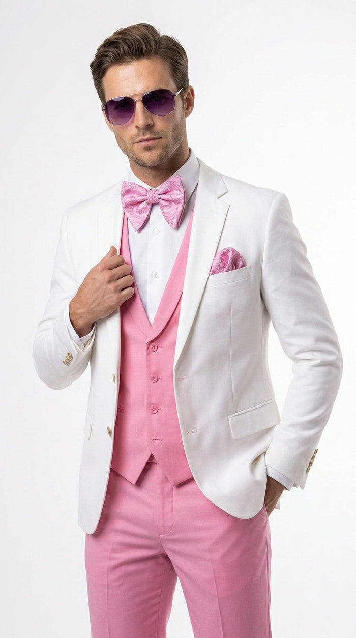 Men’s White and Light Pink Tuxedo Wedding Suit with Dinner Jacket, Vest, Pants and Bow Tie