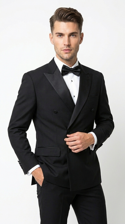 Men’s Black Double Breasted Tuxedo with Super 150s Style, Designer Formal Wedding Dinner Suit