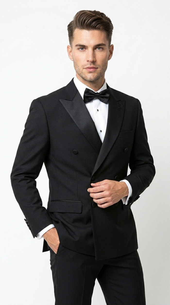 Men’s Black Double Breasted Tuxedo with Super 150s Style, Designer Formal Wedding Dinner Suit