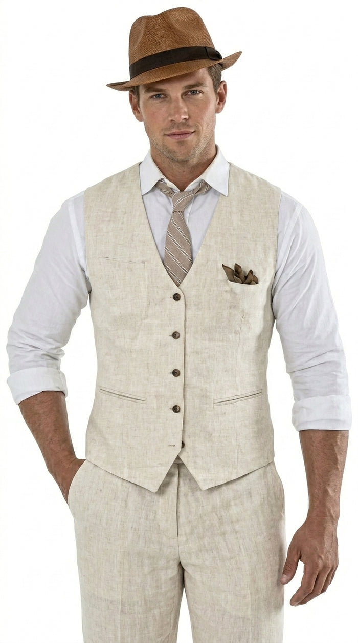 Men’s Beige Groomsmen Summer Vest and Pants Set, Beach Wedding Prom Formal Outfit