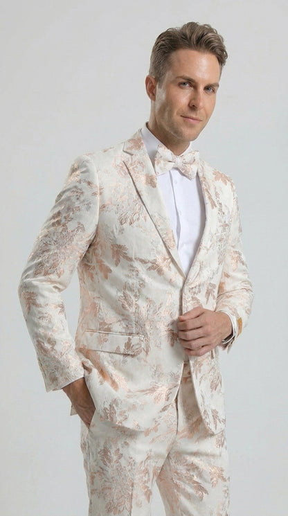 Men’s Gold and White Prom Suit with Floral Pattern Jacket, Matching Pants and Bow Tie Modern Fit