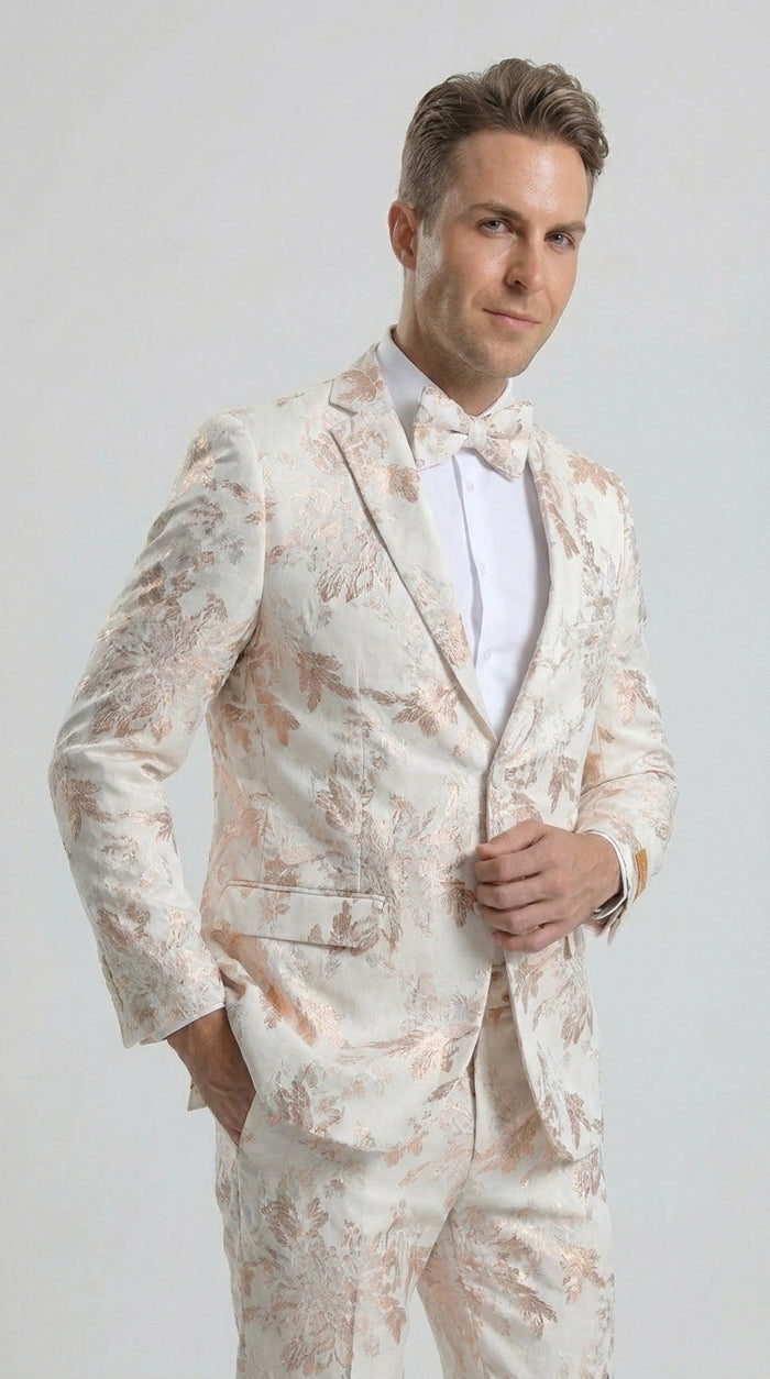 Men’s Gold and White Prom Suit with Floral Pattern Jacket, Matching Pants and Bow Tie Modern Fit