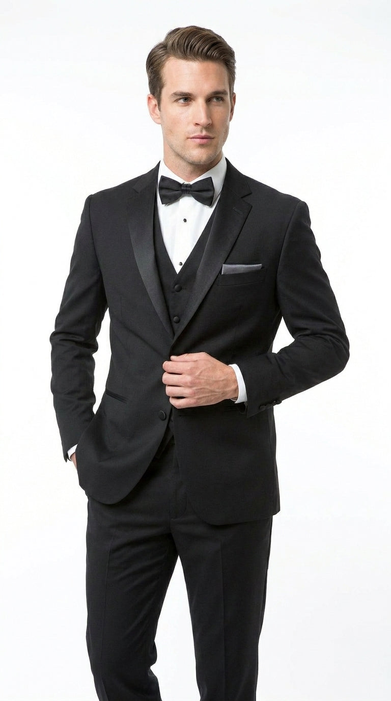 Men’s Black 2 Button Classic Vested Wedding Tuxedo with Satin Lapel and Matching Pants