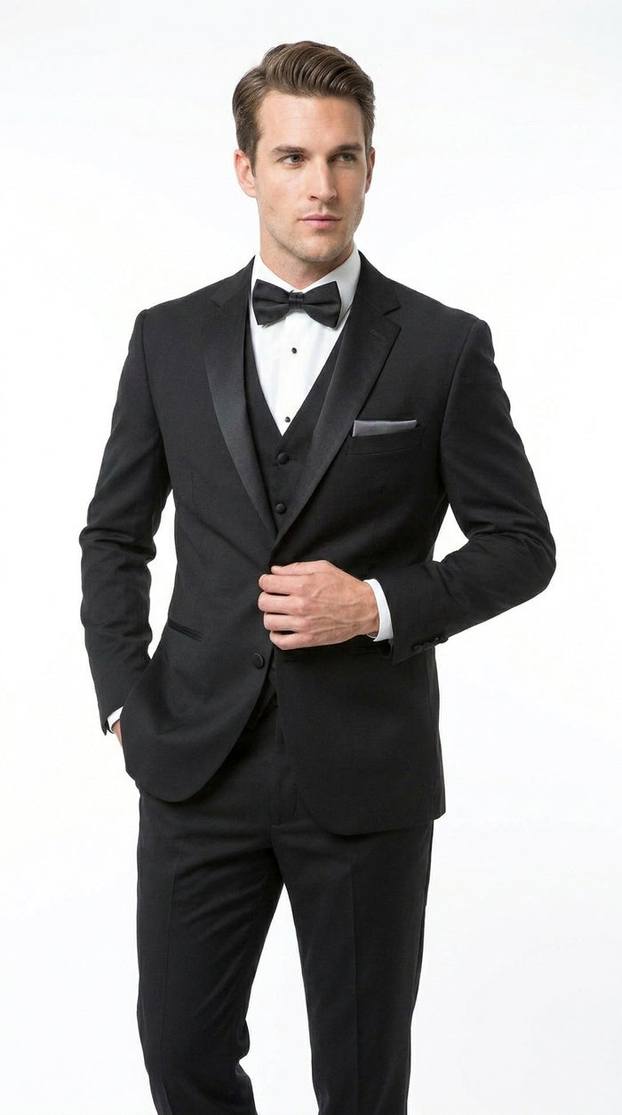 Men’s Black 2 Button Classic Vested Wedding Tuxedo with Satin Lapel and Matching Pants