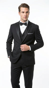 Men’s Black 2 Button Classic Vested Wedding Tuxedo with Satin Lapel and Matching Pants