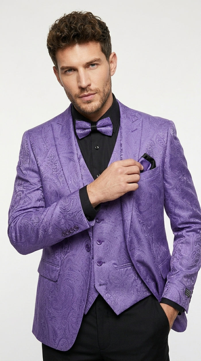 Men’s Purple Paisley Prom Tuxedo Suit, Wedding Floral Jacket with Matching Vest and Pants