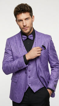 Men’s Purple Paisley Prom Tuxedo Suit, Wedding Floral Jacket with Matching Vest and Pants