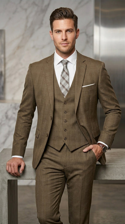 Men’s Taupe Tan Coffee Windowpane Plaid 3 Piece Suit, Two Button Vested Wedding Business Suit Set