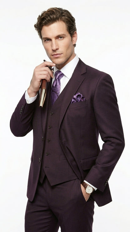 Men’s Very Dark Purple Plum Eggplant 3 Piece Suit, Classic Vested 2 Button Wedding Business Suit Set