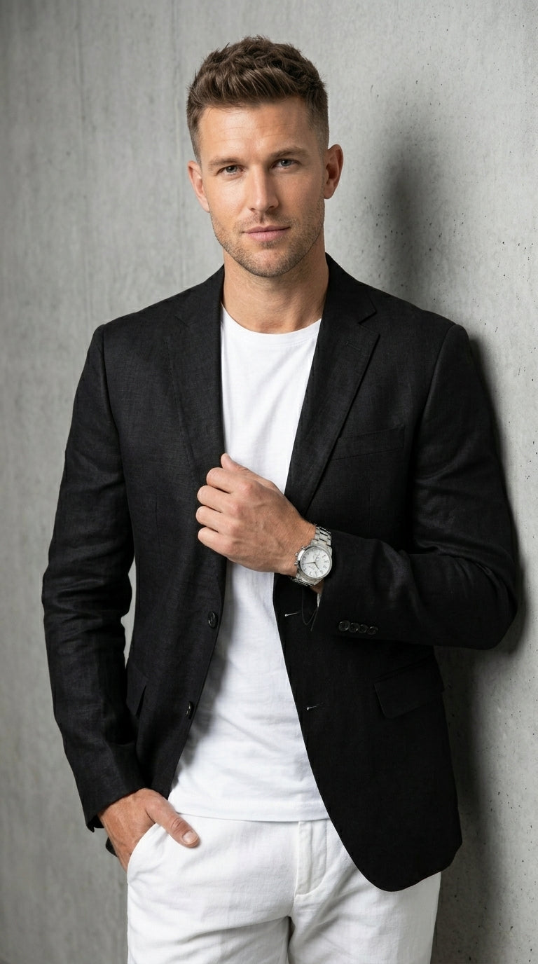Men’s Black Lightweight Linen Blazer, Summer Business Casual Wedding Sport Coat Jacket