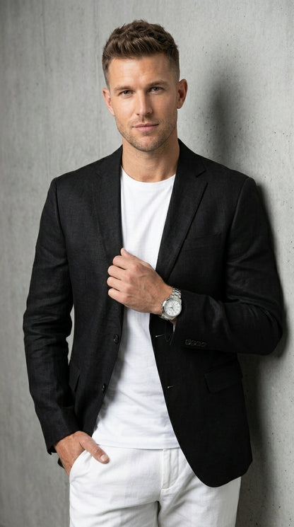 Men’s Black Lightweight Linen Blazer, Summer Business Casual Wedding Sport Coat Jacket