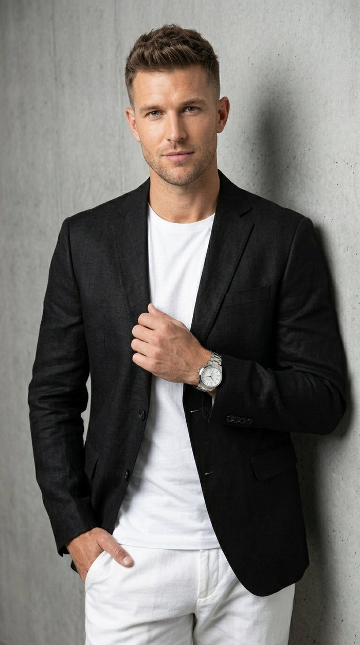 Men’s Black Lightweight Linen Blazer, Summer Business Casual Wedding Sport Coat Jacket