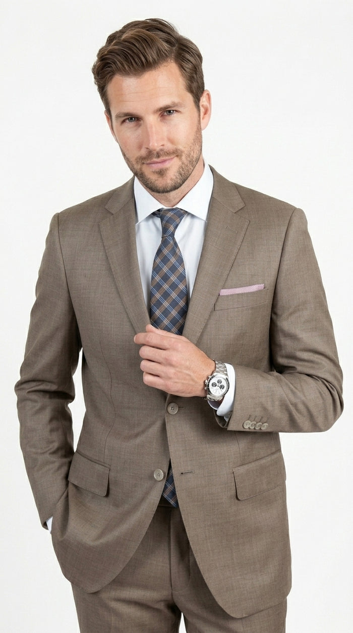 Men’s Taupe 2 Button Suit, Classic Business Wedding Church Formal Dress Suit Set