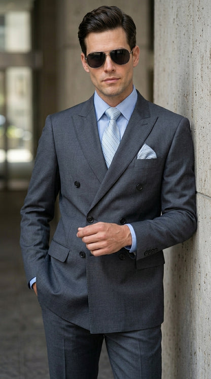 Men’s Charcoal Grey Double Breasted Wool Suit, Designer Formal Wedding Business Dress Suit Set Modern Fit
