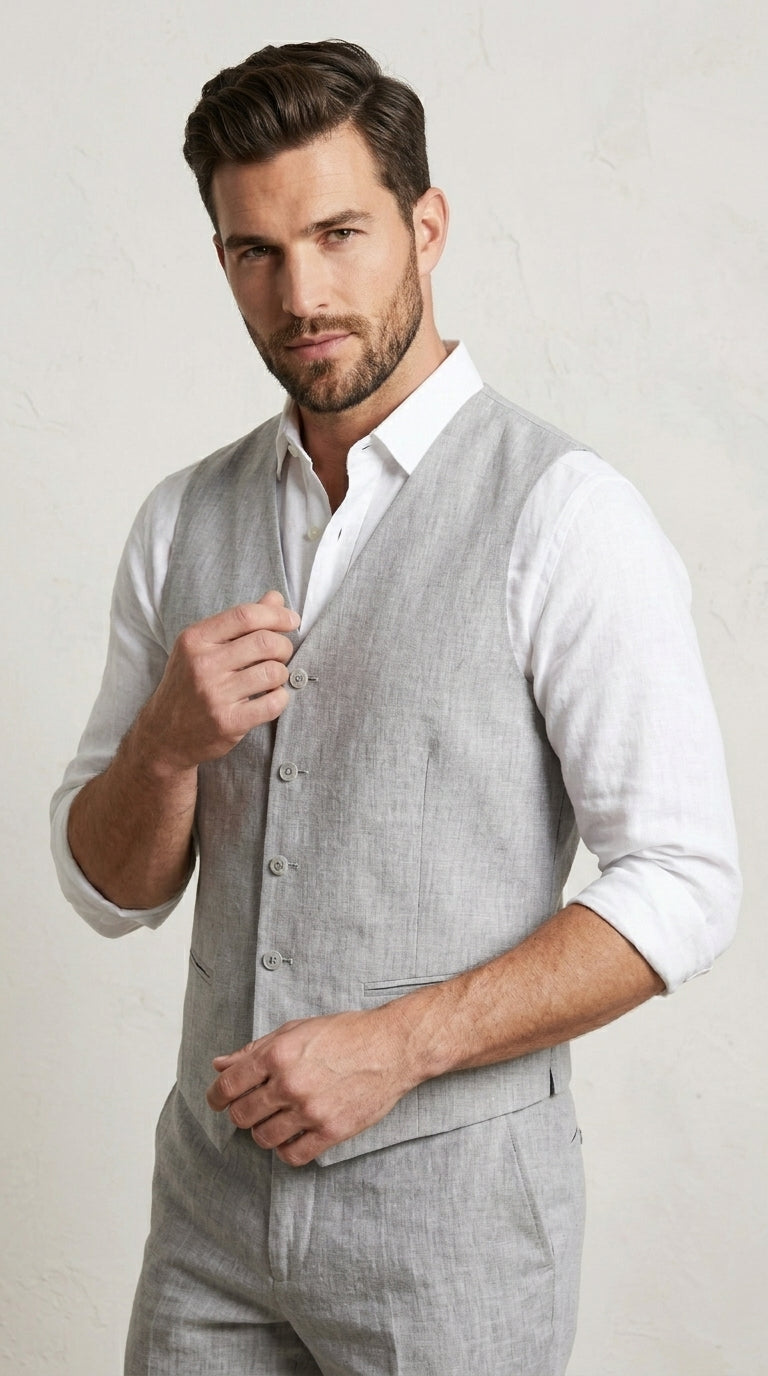 Men’s Light Grey Linen Vest and Pants Set, Beach Wedding Summer Formal Outfit
