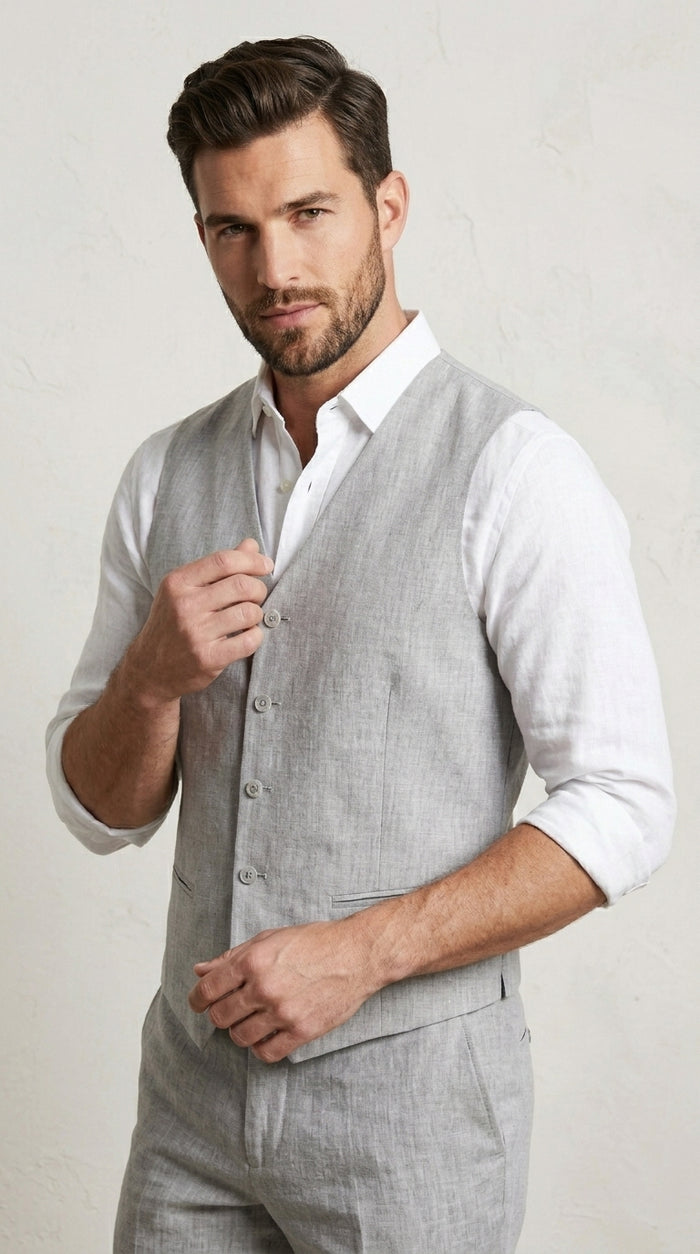 Men’s Light Grey Linen Feel Vest and Pants Set, Beach Wedding Summer Formal Outfit