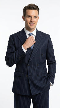 Men’s Dark Navy Blue Pinstripe Double Breasted Suit, Formal Business Wedding Dress Suit Set