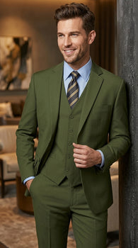 Men’s Olive Vested Suit, Classic Fit 3 Piece Flat Front Formal Wedding Business Suit Set