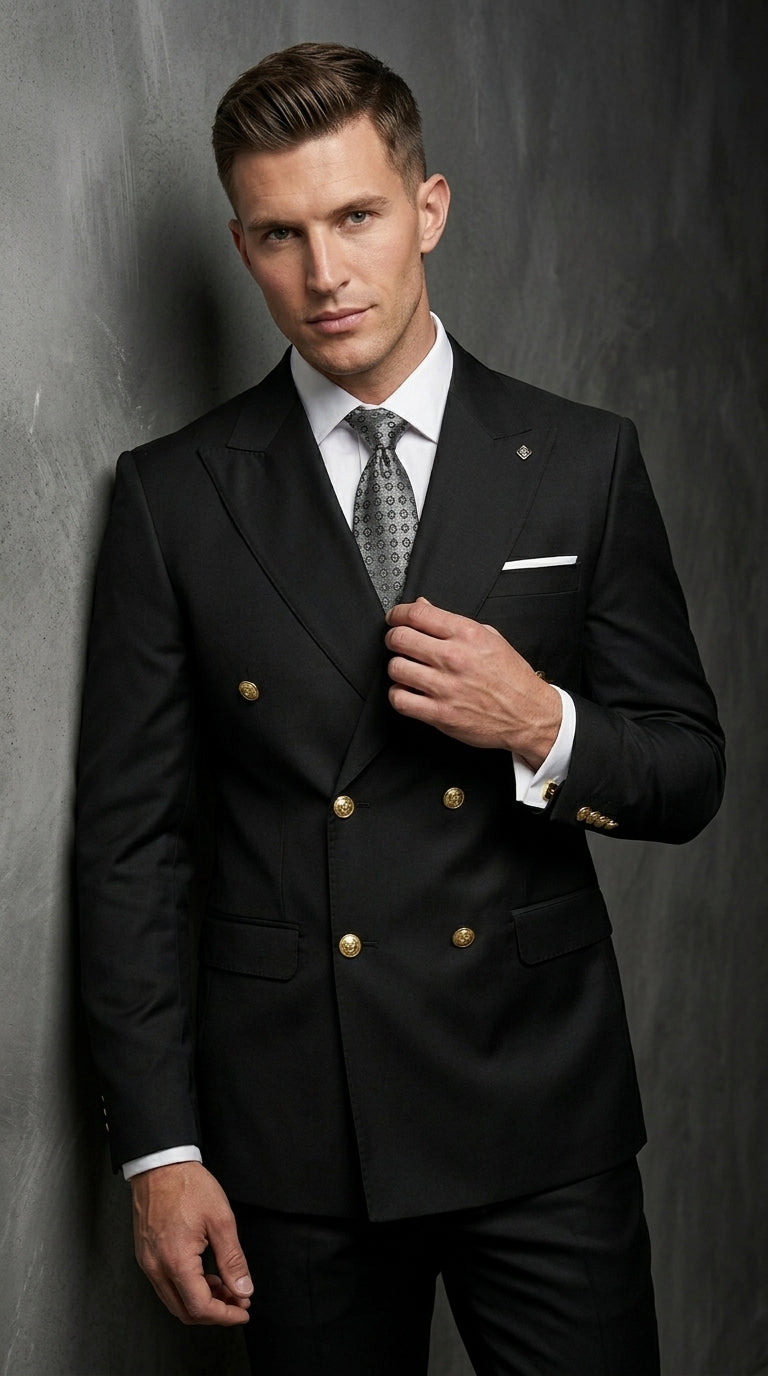 Men’s Black Double Breasted Wool Suit with Gold Buttons, Designer Formal Wedding Business Suit Set Modern Fit