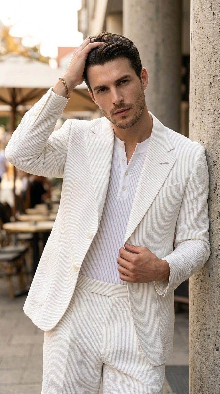 Men’s White Seersucker Suit with Shorts, Summer Wedding Beach Casual Mini Pinstripe Suit Set Modern Fit