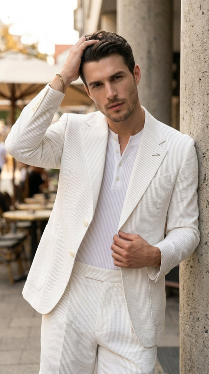 Men’s White Seersucker Suit with Shorts, Summer Wedding Beach Casual Mini Pinstripe Suit Set Modern Fit
