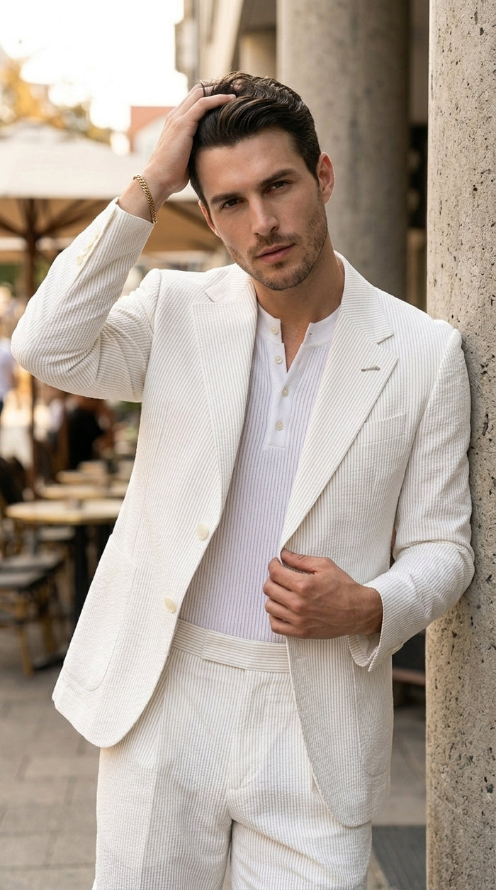 Men’s White Seersucker Suit with Shorts, Summer Wedding Beach Casual Mini Pinstripe Suit Set Modern Fit