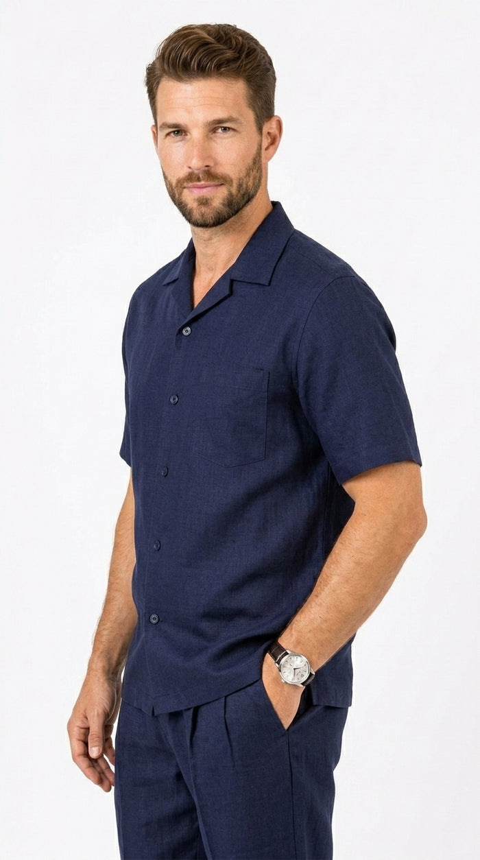 Men’s Dark Navy Linen Short Sleeve Walking Suit, Casual 2 Piece Shirt and Pleated Pants Set