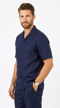 Men’s Dark Navy Linen Short Sleeve Walking Suit, Casual 2 Piece Shirt and Pleated Pants Set