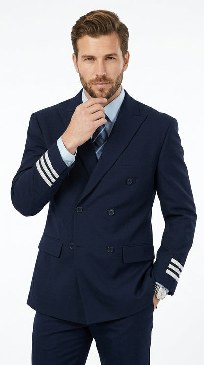 Men’s Dark Navy Blue Double Breasted 6 Button Suit, Classic Formal Wedding Business Suit