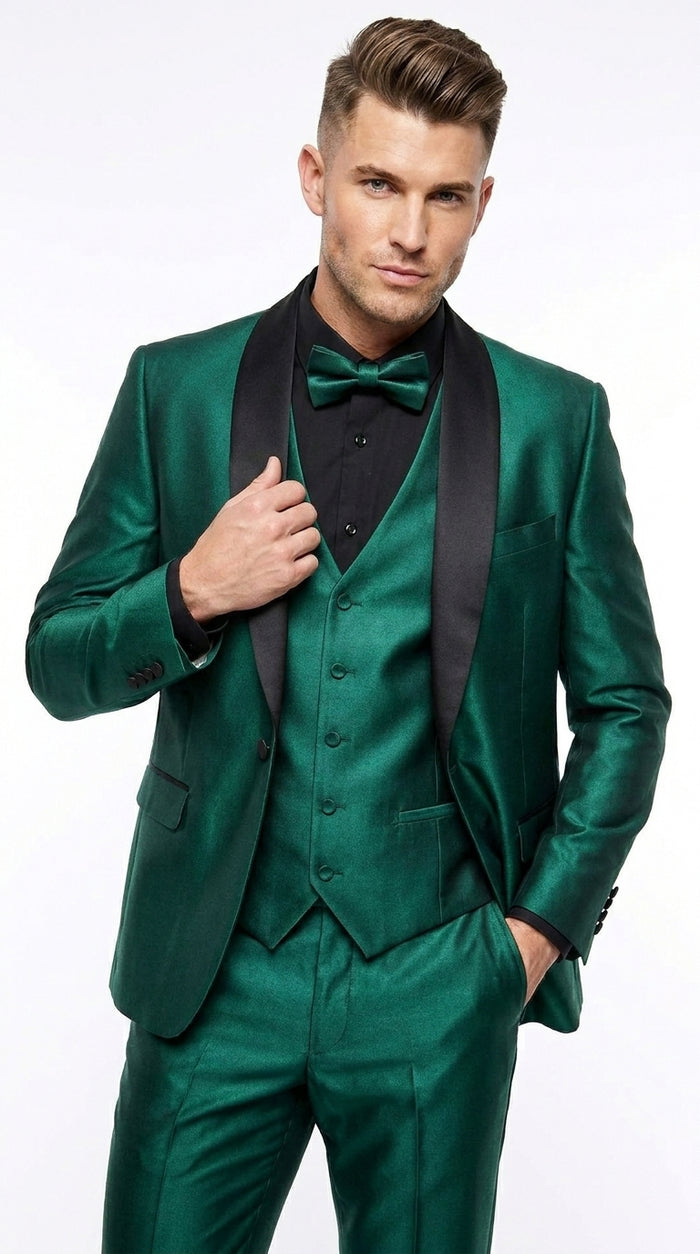 Men’s Emerald Green 3 Piece Tuxedo with Black Satin Shawl Lapel and Matching Vest
