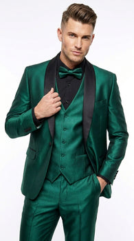 Men’s Emerald Green 3 Piece Tuxedo with Black Satin Shawl Lapel and Matching Vest