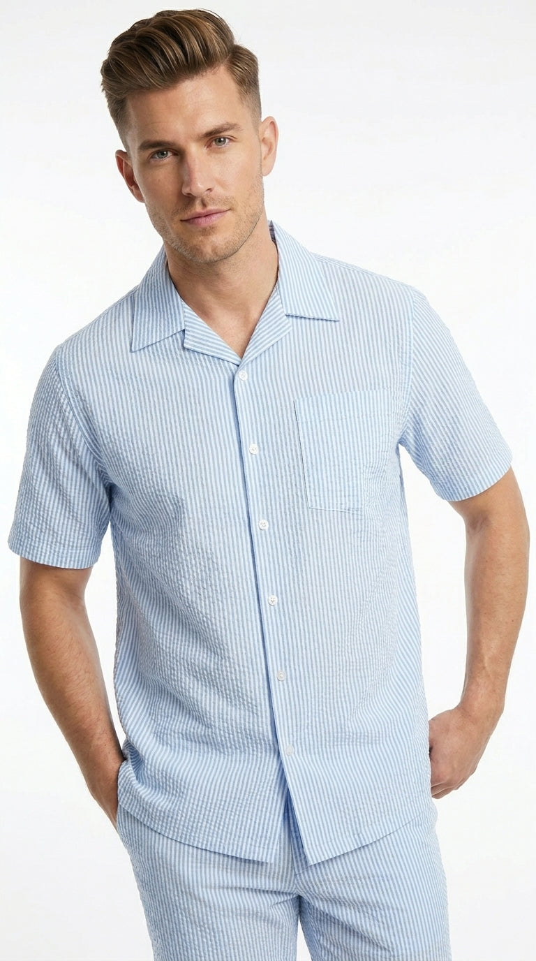 Men’s Blue Seersucker 2 Piece Walking Set, Short Sleeve Shirt and Pants Summer Outfit