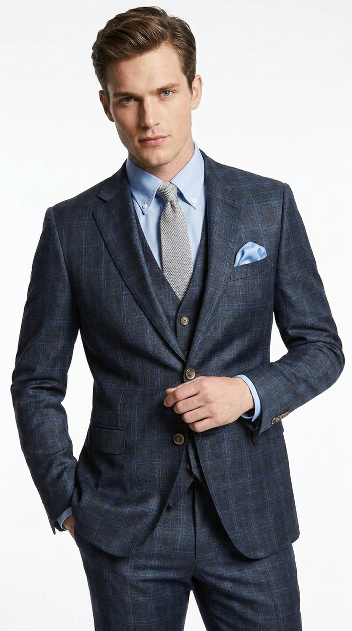 Men’s Charcoal Grey and Blue Plaid 3 Piece Vested Suit, Formal Wedding Business Dress Suit Set