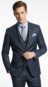 Men’s Charcoal Grey and Blue Plaid 3 Piece Vested Suit, Formal Wedding Business Dress Suit Set