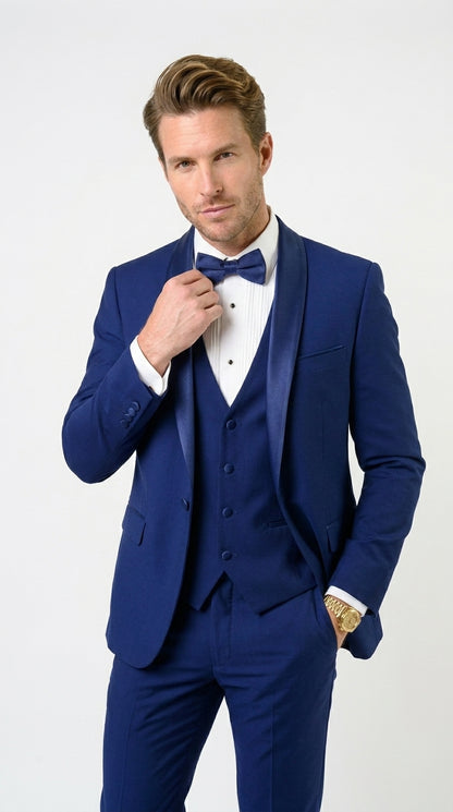 Men’s Bright Sapphire Blue 1 Button Shawl Lapel Vested Tuxedo, Formal Wedding Prom Dinner Suit Set