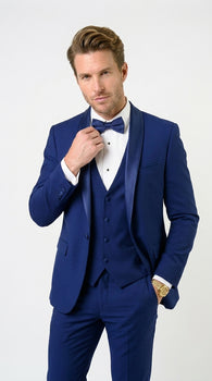 Men’s Bright Sapphire Blue 1 Button Shawl Lapel Vested Tuxedo, Formal Wedding Prom Dinner Suit Set