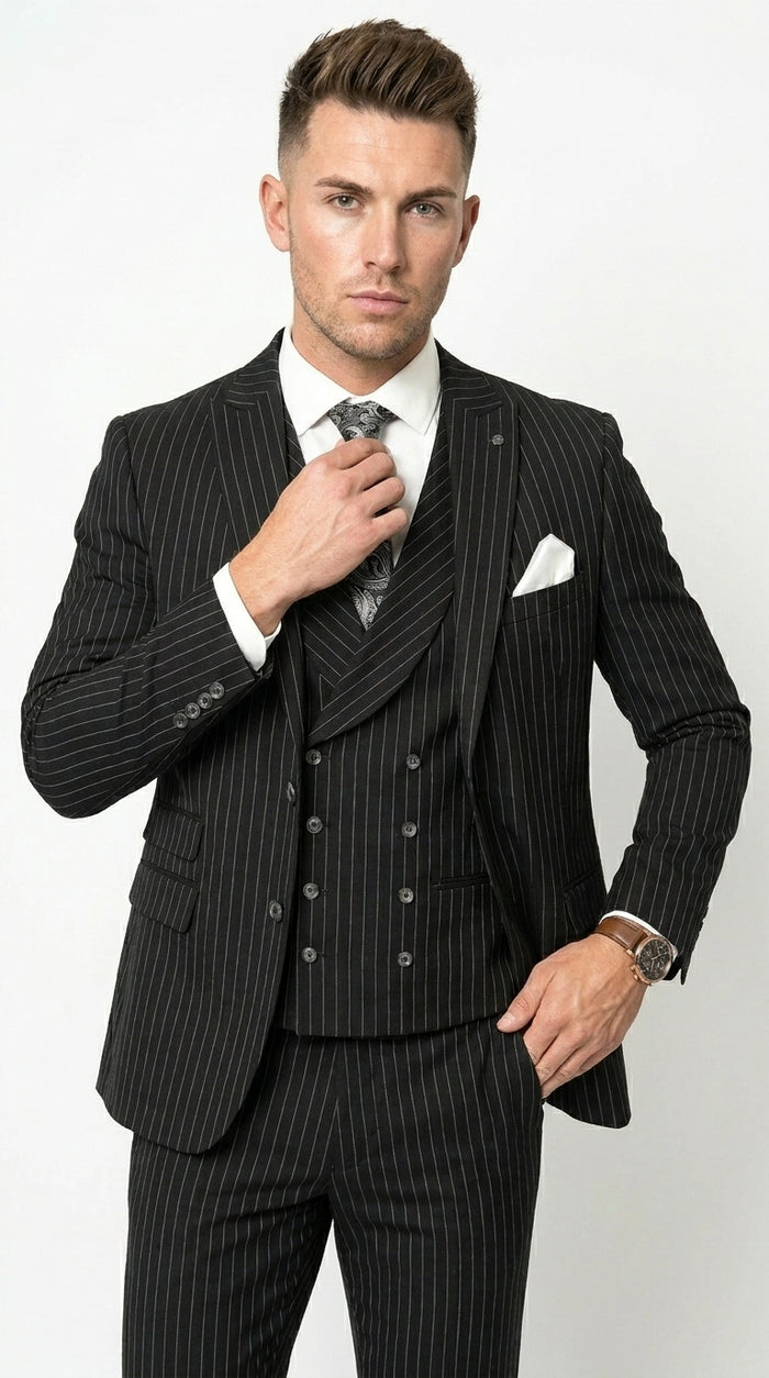 Mens Italian Wool Suit Color Black - Men's Designer Wool Pleated Pant Vested Black Gangster Pinstripe Suit
