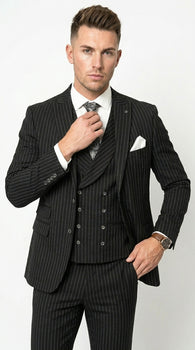 Mens Italian Wool Suit Color Black - Men's Designer Wool Pleated Pant Vested Black Gangster Pinstripe Suit