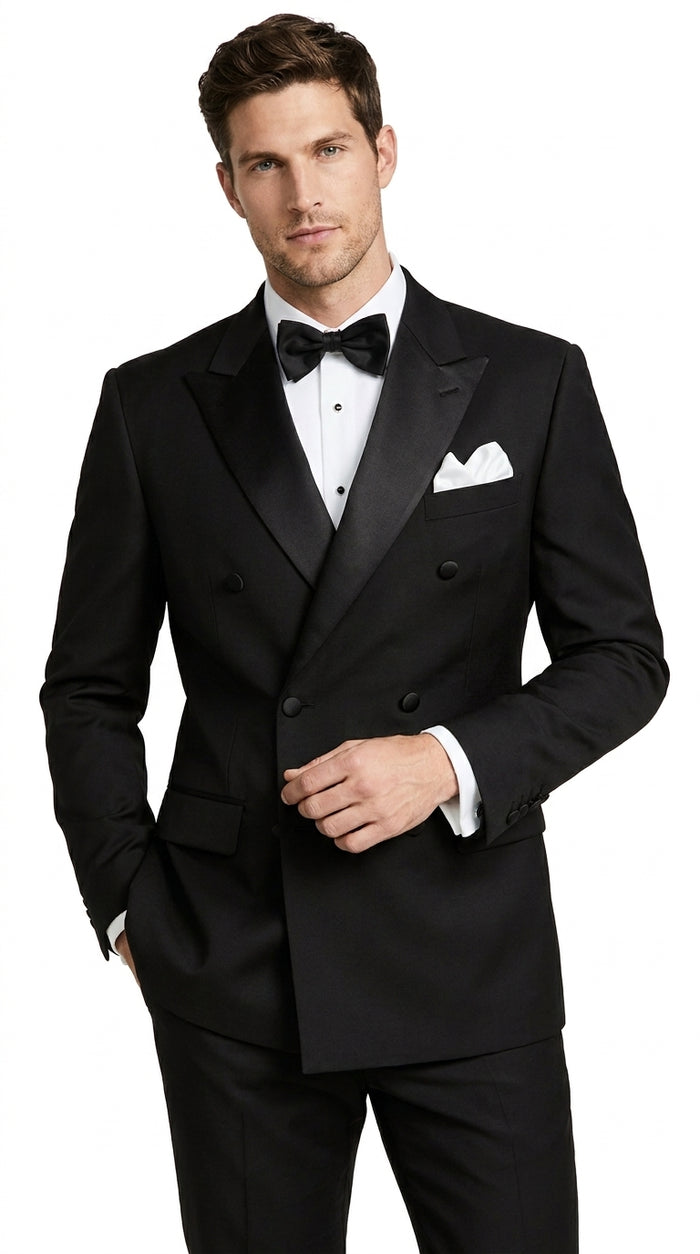 Men’s Black Double Breasted Tuxedo Suit with Jacket and Pants, Formal Wedding Prom Suit