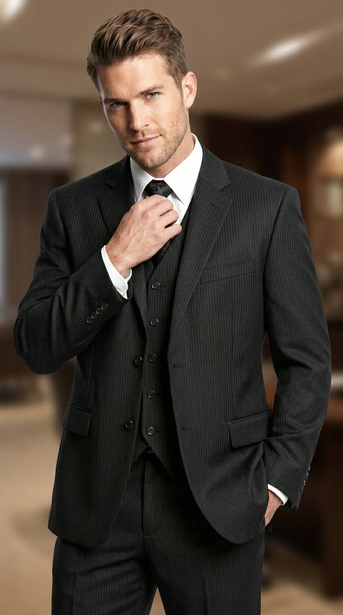 Men’s Black Shadow Stripe 3 Piece Suit, Tone on Tone Pinstripe Italian Design Formal Suit