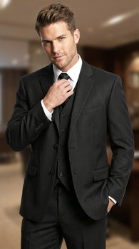 Men’s Black Shadow Stripe 3 Piece Suit, Tone on Tone Pinstripe Italian Design Formal Suit