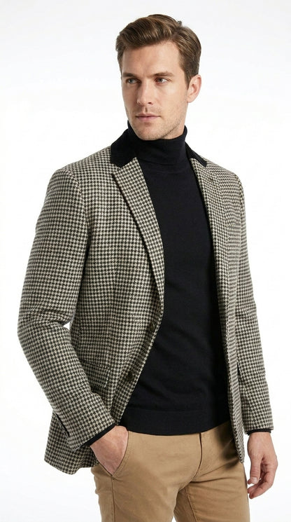 Men’s White and Black Houndstooth Checkered Blazer, Dress Casual Sport Coat Jacket