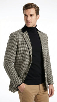 Men’s White and Black Houndstooth Checkered Blazer, Dress Casual Sport Coat Jacket