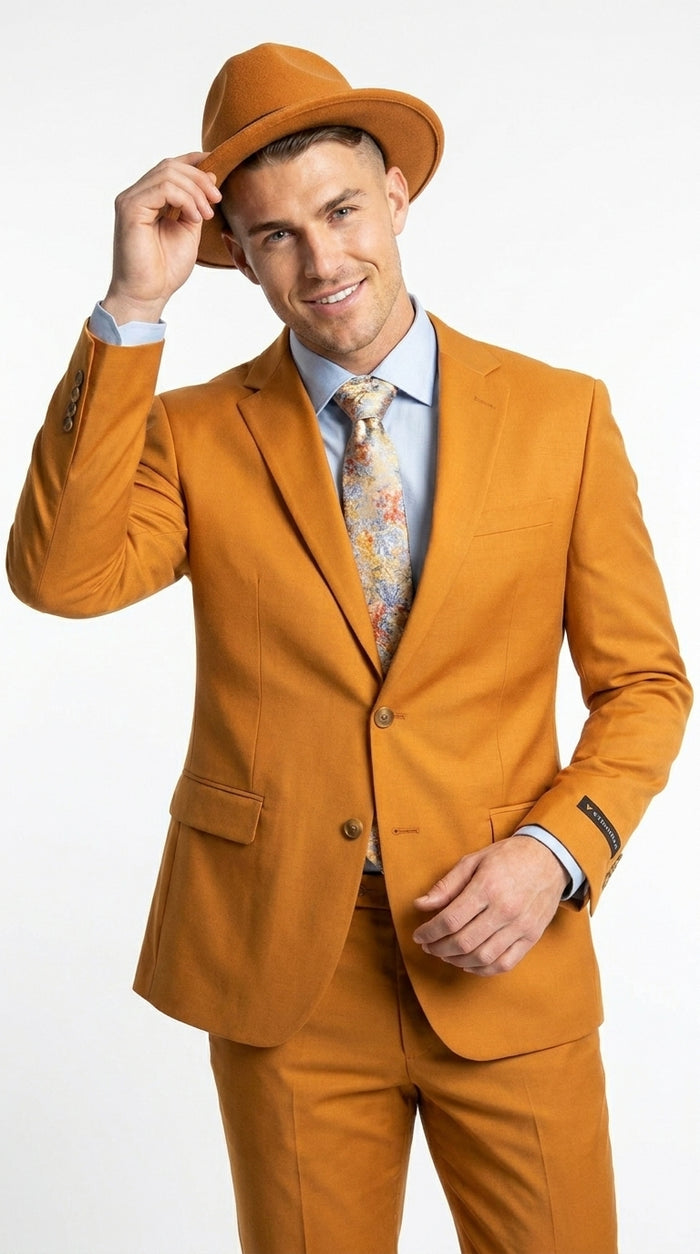 Men’s Light Rust Copper 2 Button Modern Fit Suit, Fall Color Church Dress Suit