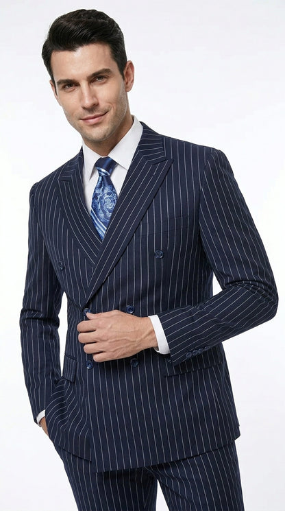 Men’s Navy Blue Double Breasted Gangster Pinstripe Suit, 1920s Formal Dress Suit