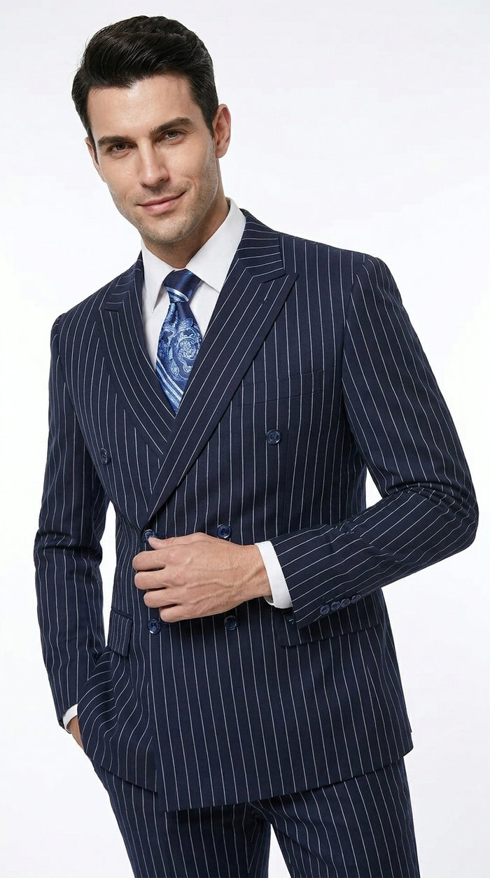 Men’s Navy Blue Double Breasted Gangster Pinstripe Suit, 1920s Formal Dress Suit Modern Fit