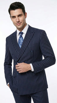 Men’s Navy Blue Double Breasted Gangster Pinstripe Suit, 1920s Formal Dress Suit