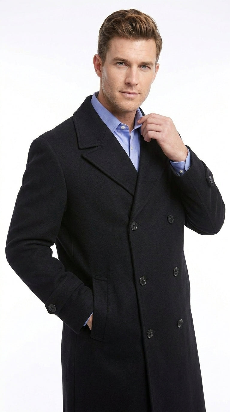 Men’s Black Diamond Solid Black Wool Double Breasted Gabardine Trench Coat