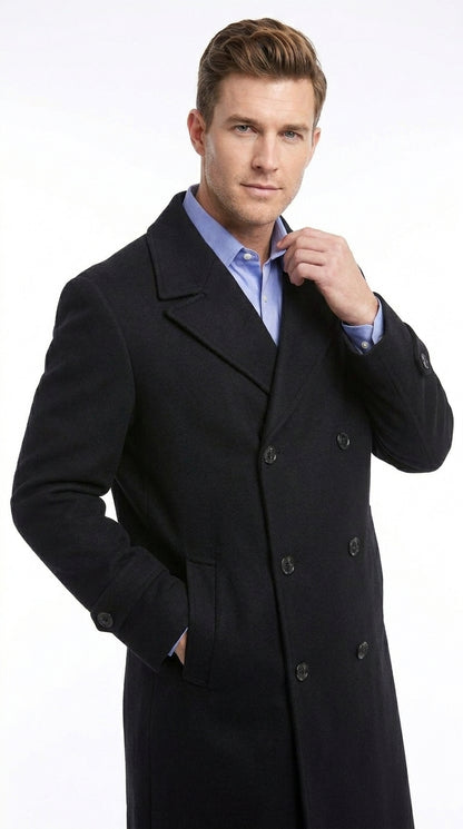 Men’s Black Diamond Solid Black Wool Double Breasted Gabardine Trench Coat